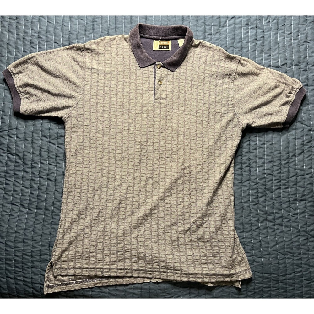 Vintage Savane Stripped Golf Polo Shirt Men's Size Large Gray Made In USA